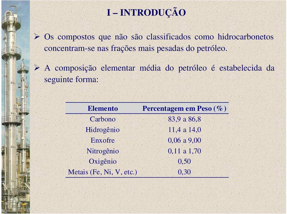 A composição elementar média do petróleo é estabelecida da seguinte forma: Elemento