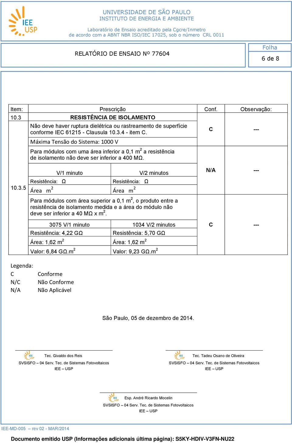 5 V/1 minuto V/2 minutos Resistência: Ω Resistência: Ω Área m 2 Área m 2 Para módulos com área superior a 0,1 m 2, o produto entre a resistência de isolamento medida e a área do módulo não deve ser