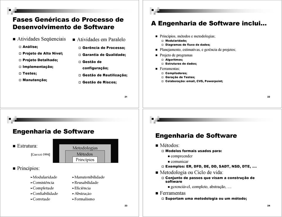 Princípios, métodos e metodologias; " Modularidade; " Diagramas de fluxo de dados;! Planejamento, estimativas, e gerência de projetos;! Projeto de programas " Algoritmos; " Estruturas de dados;!