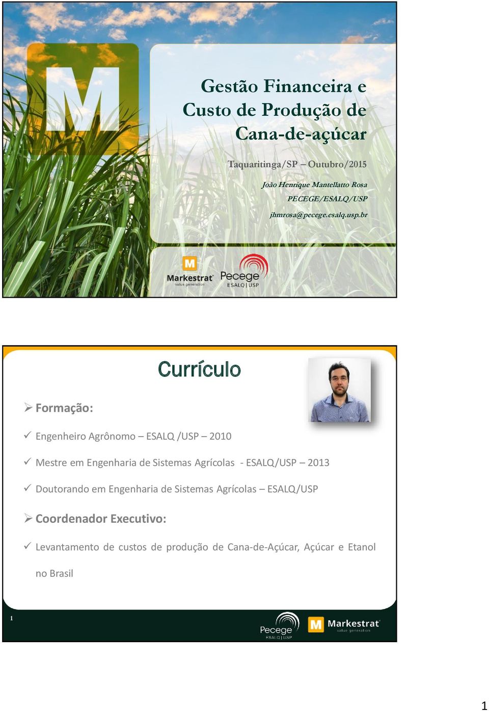 br Currículo Formação: Engenheiro Agrônomo ESALQ /USP 21 Mestre em Engenharia de Sistemas Agrícolas -