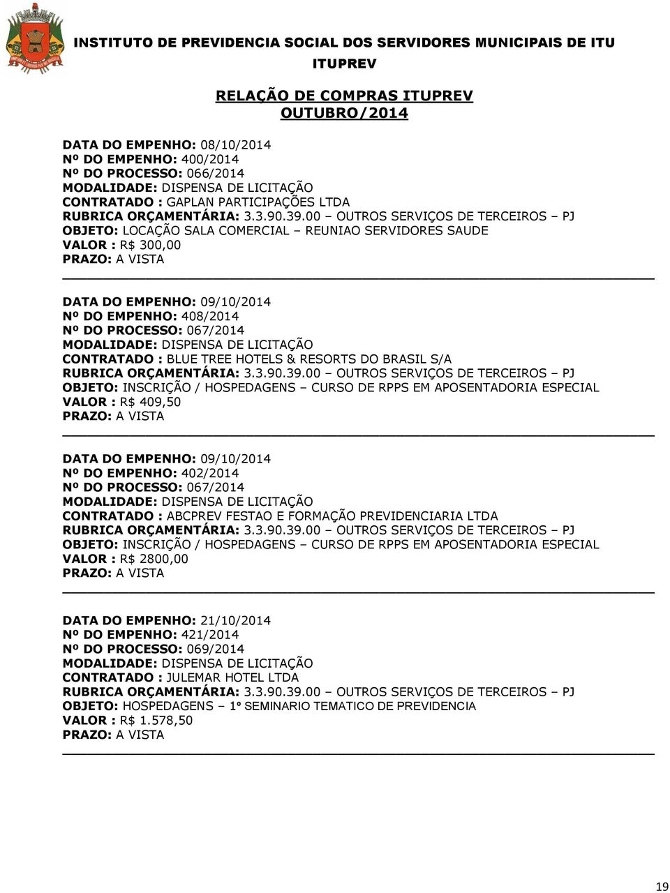 APOSENTADORIA ESPECIAL VALOR : R$ 409,50 DATA DO EMPENHO: 09/10/2014 Nº DO EMPENHO: 402/2014 Nº DO PROCESSO: 067/2014 CONTRATADO : ABCPREV FESTAO E FORMAÇÃO PREVIDENCIARIA LTDA OBJETO: INSCRIÇÃO /