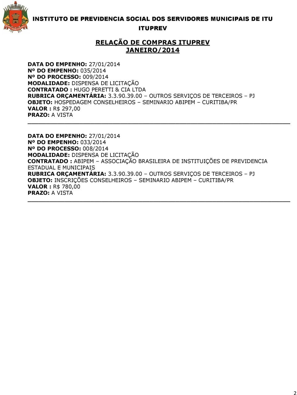 27/01/2014 Nº DO EMPENHO: 033/2014 Nº DO PROCESSO: 008/2014 CONTRATADO : ABIPEM ASSOCIAÇÃO BRASILEIRA DE