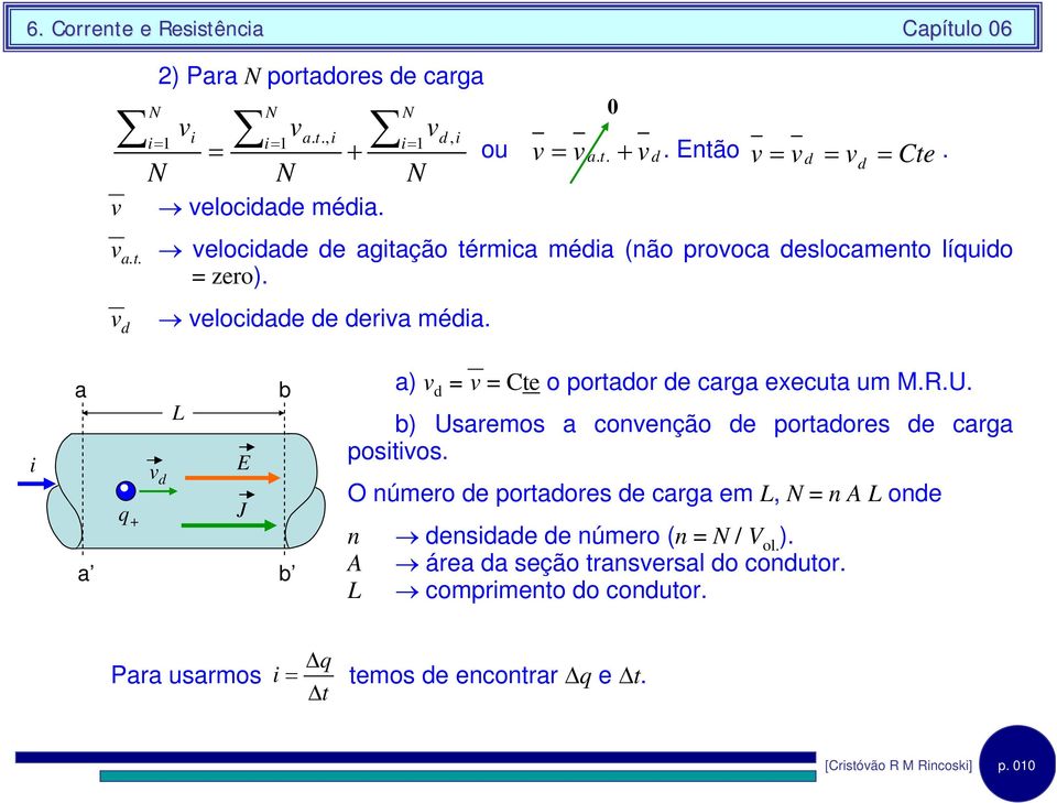 v = v 0 + v d a L v E d a q + J b b a) v d = v = Cte o portador de carga executa um M.R.U. b) Usaremos a convenção de portadores de carga postvos.