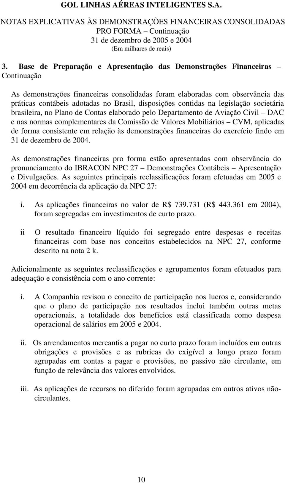 aplicadas de forma consistente em relação às demonstrações financeiras do exercício findo em 31 de dezembro de 2004.