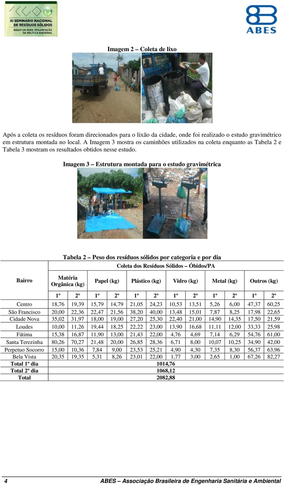 Imagem 3 Estrutura montada para o estudo gravimétrica Tabela 2 Peso dos resíduos sólidos por categoria e por dia Coleta dos Resíduos Sólidos Óbidos/PA Bairro Matéria Orgânica (kg) Papel (kg) Plástico