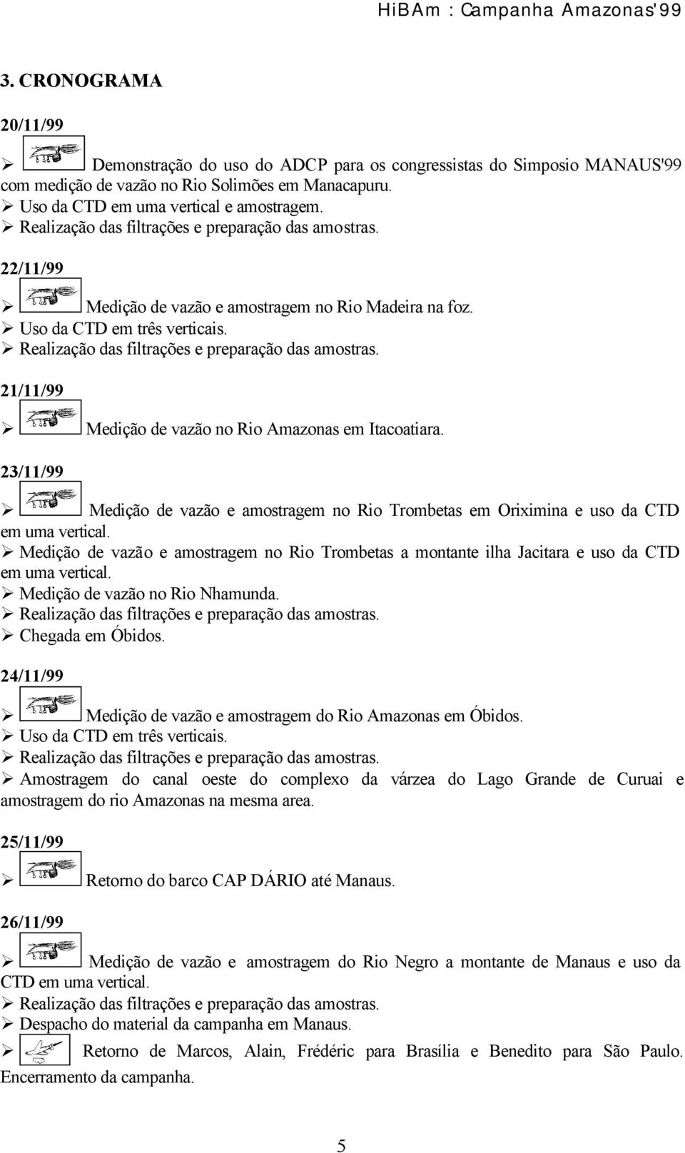 21/11/99 Medição de vazão no Rio Amazonas em Itacoatiara. 23/11/99 Medição de vazão e amostragem no Rio Trombetas em Oriximina e uso da CTD em uma vertical.