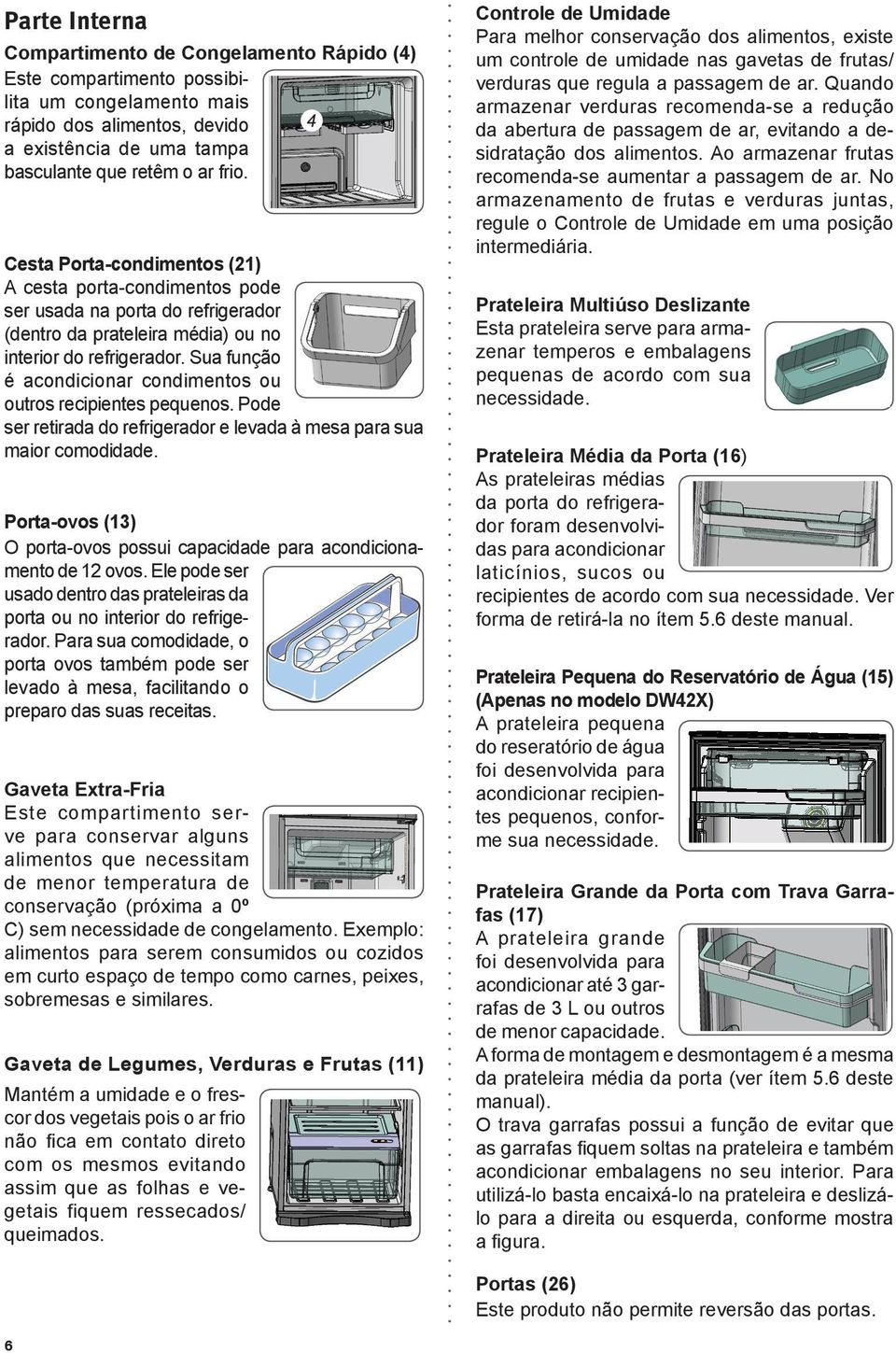 Sua função é acondicionar condimentos ou outros recipientes pequenos. Pode ser retirada do refrigerador e levada à mesa para sua maior comodidade.