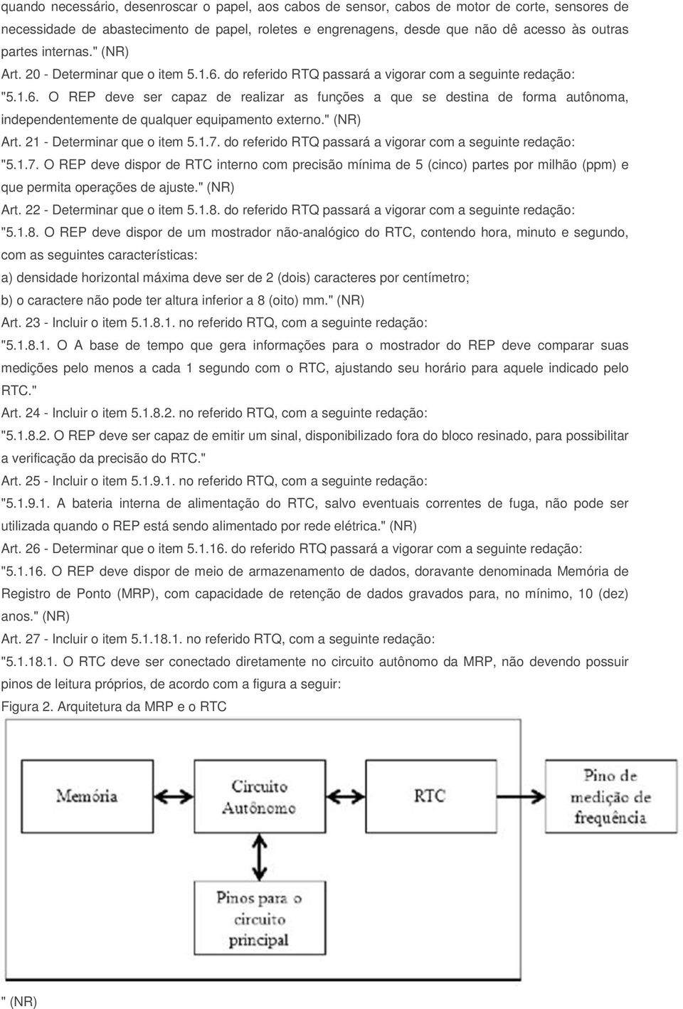 (NR) Art. 21 - Determinar que o item 5.1.7. do referido RTQ passará a vigorar com a seguinte redação: 5.1.7. O REP deve dispor de RTC interno com precisão mínima de 5 (cinco) partes por milhão (ppm) e que permita operações de ajuste.