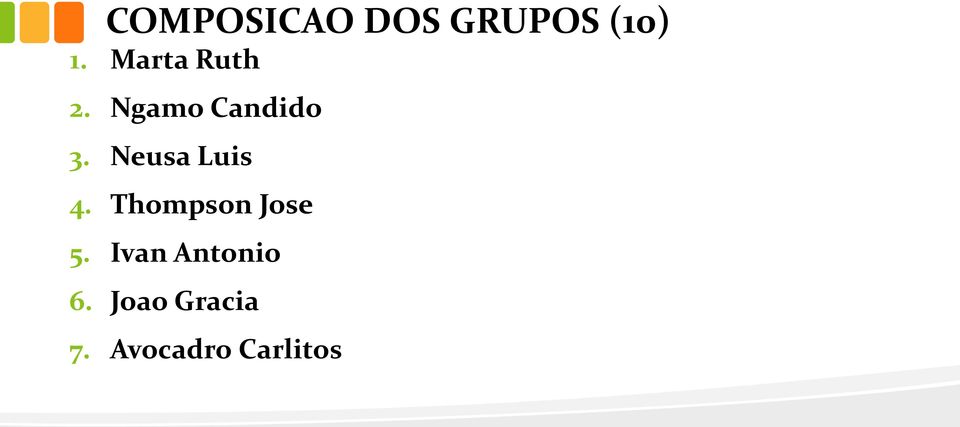 Neusa Luis 4. Thompson Jose 5.