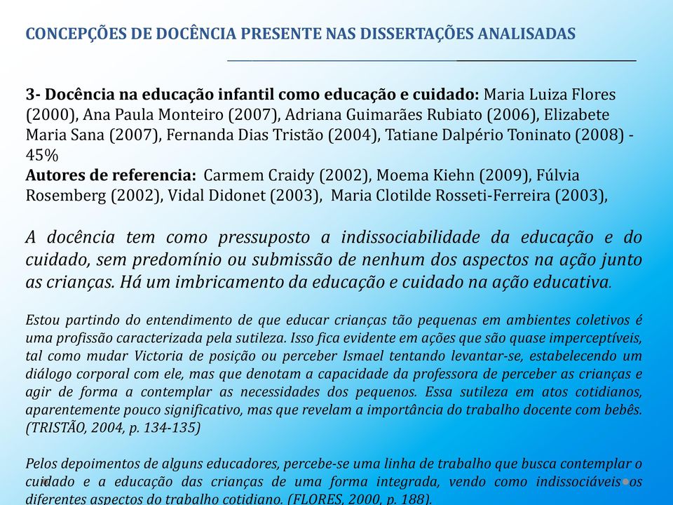 CONCEPÇÕES DE DOCÊNCIA PRESENTE NAS DISSERTAÇÕES ANALISADAS 3- Docência na educação infantil como educação e cuidado: Maria Luiza Flores (2000), Ana Paula Monteiro (2007), Adriana Guimarães Rubiato