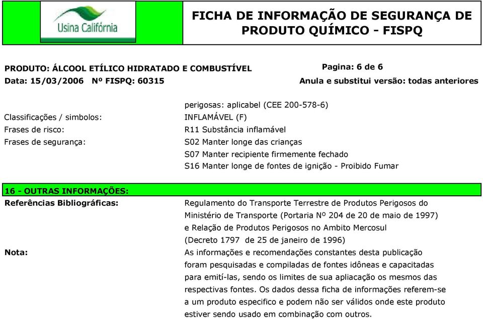 Regulamento do Transporte Terrestre de Produtos Perigosos do Ministério de Transporte (Portaria Nº 204 de 20 de maio de 1997) e Relação de Produtos Perigosos no Ambito Mercosul (Decreto 1797 de 25 de