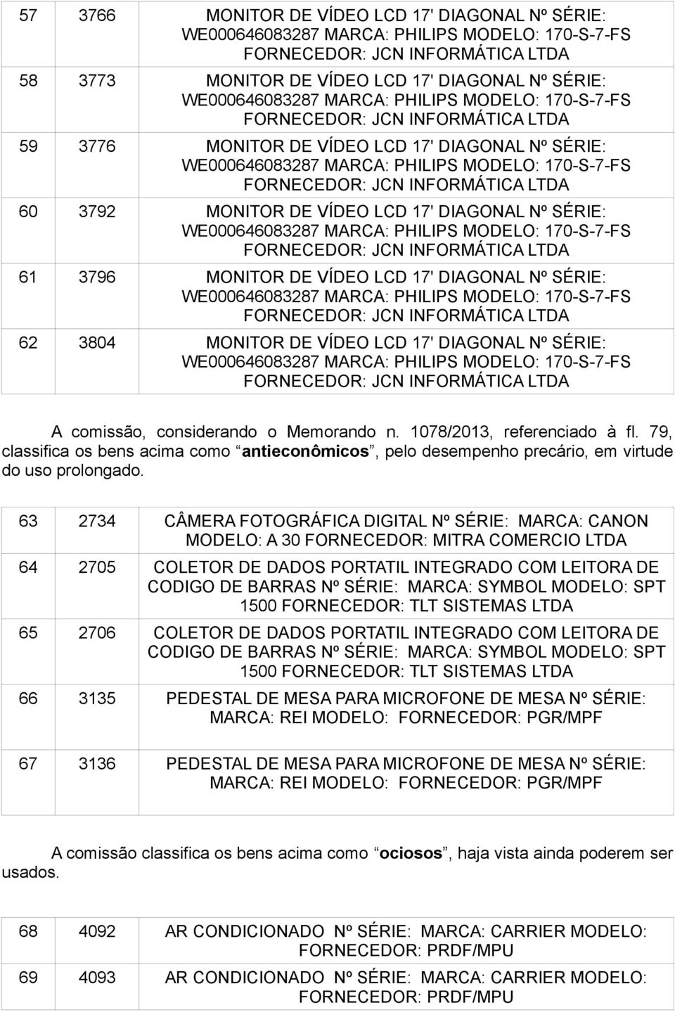 79, classifica os bens acima como antieconômicos, pelo desempenho precário, em virtude do uso prolongado.