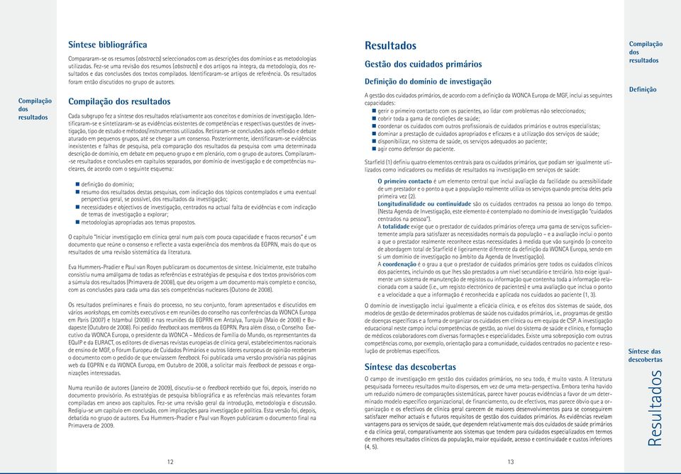 Os resultados foram então discutidos no grupo de autores. Compilação dos resultados Cada subgrupo fez a síntese dos resultados relativamente aos conceitos e domínios de investigação.