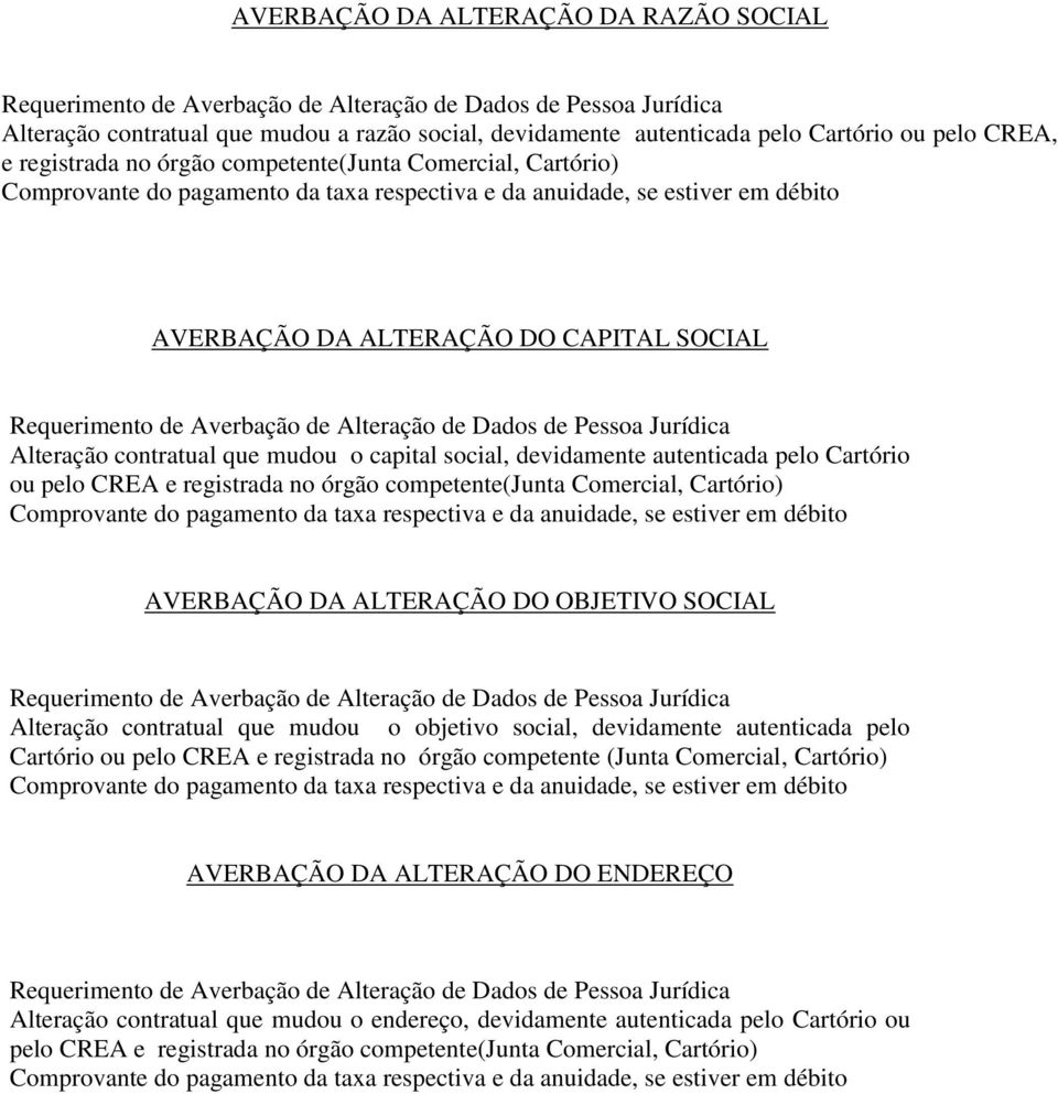 de Averbação de Alteração de Dados de Pessoa Jurídica Alteração contratual que mudou o capital social, devidamente autenticada pelo Cartório ou pelo CREA e registrada no órgão competente(junta