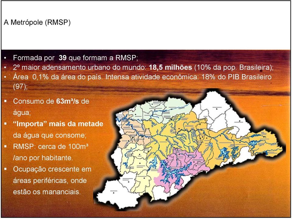 Intensa atividade econômica: 18% do PIB Brasileiro (97); Mapa BAT RMSP Consumo de 63m³/s de água; Mapa