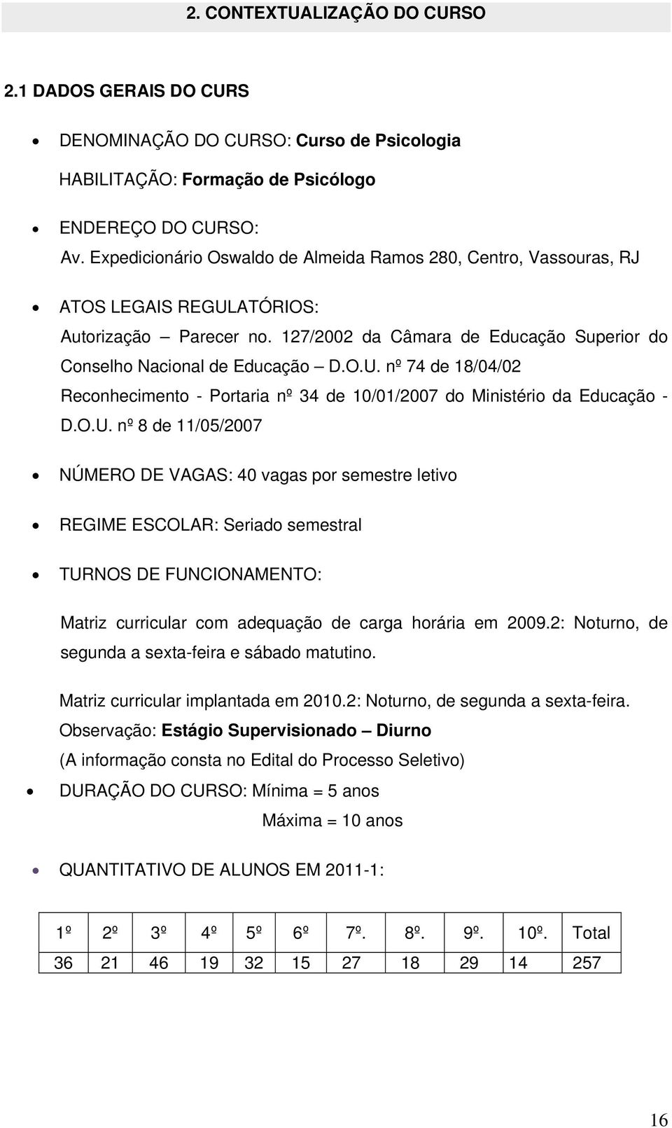 O.U. nº 8 de 11/05/2007 NÚMERO DE VAGAS: 40 vagas por semestre letivo REGIME ESCOLAR: Seriado semestral TURNOS DE FUNCIONAMENTO: Matriz curricular com adequação de carga horária em 2009.