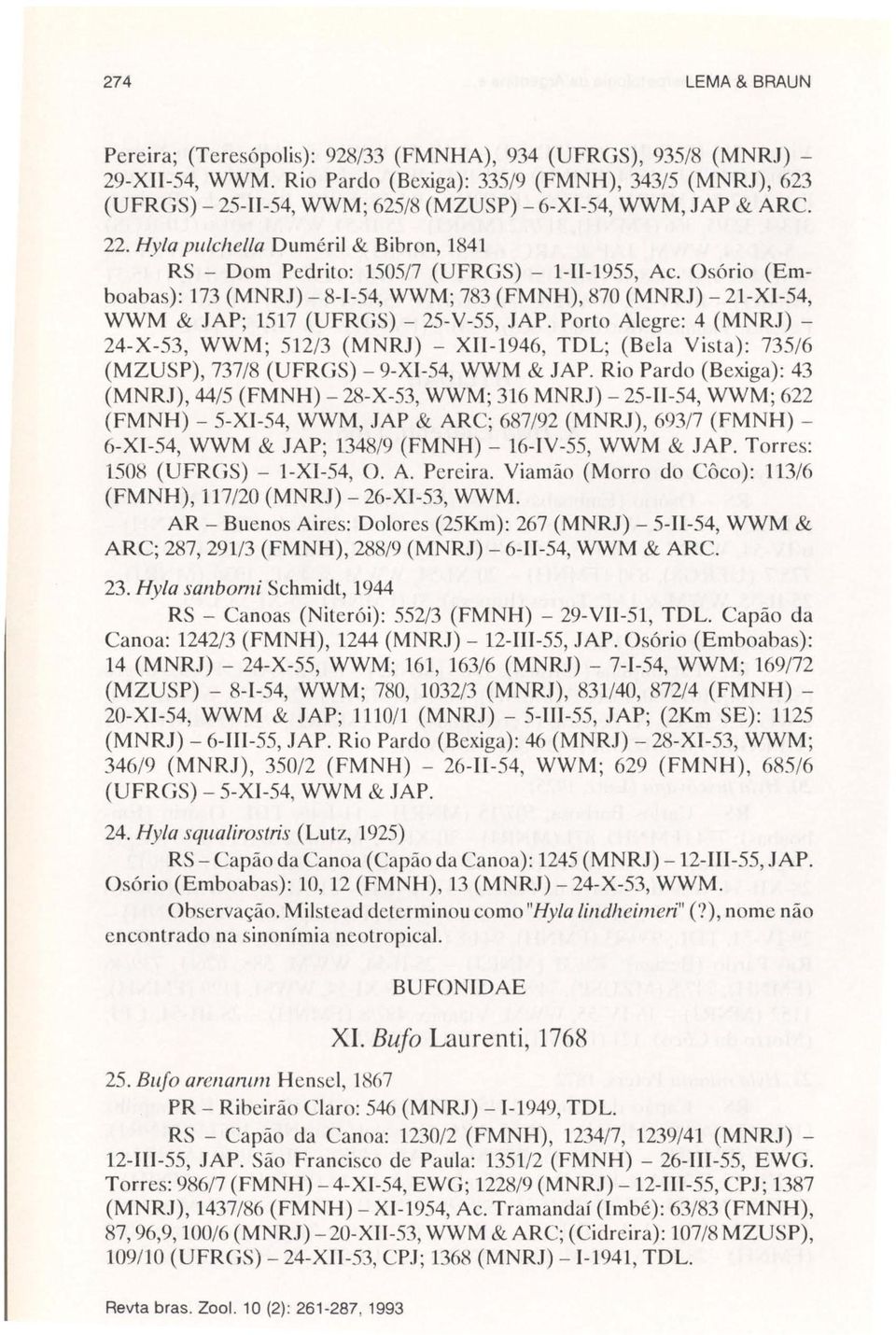 Hyla pulchel/a Duméril & Bibron, 1841 RS - Dom Pedrito: 1505/7 (UFRGS) - 1-11-1955, Ae. Osório (Emboabas): 173 (NRJ) - 8-1-54, WW; 783 (FNH), 870 (NRJ) - 21-XI-54, WW &.