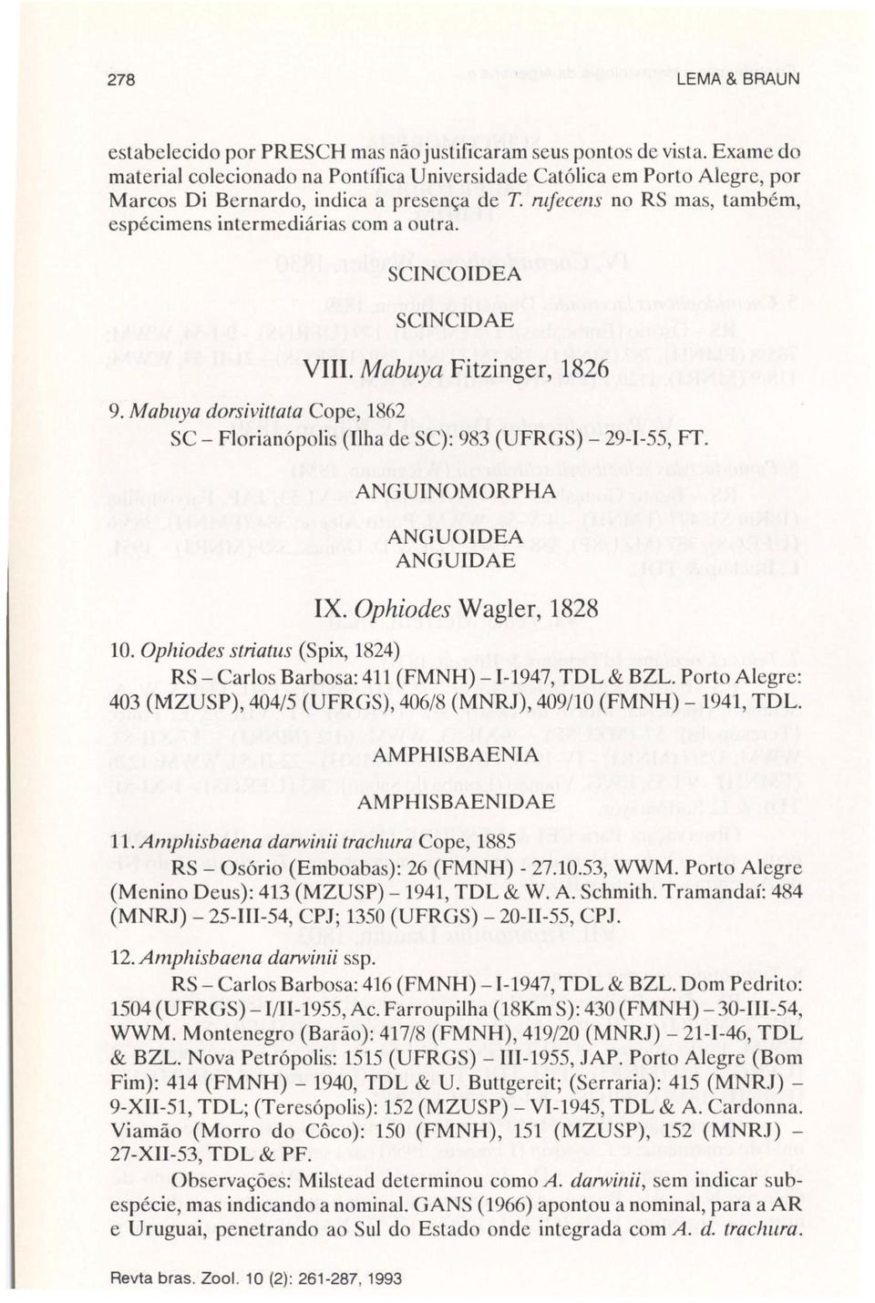 SCINCOIDEA SCINCIDAE VIII. abuya Fitzinger, 1826 9. abuya dorsivittata Cope, 1862 SC - Florianópolis (Ilha de Se): 983 (UFRGS) - 29-1-55, Ff. ANGUINOORPHA ANGUOIDEA ANGUIDAE IX. Ophiodes Wagler, 1828.