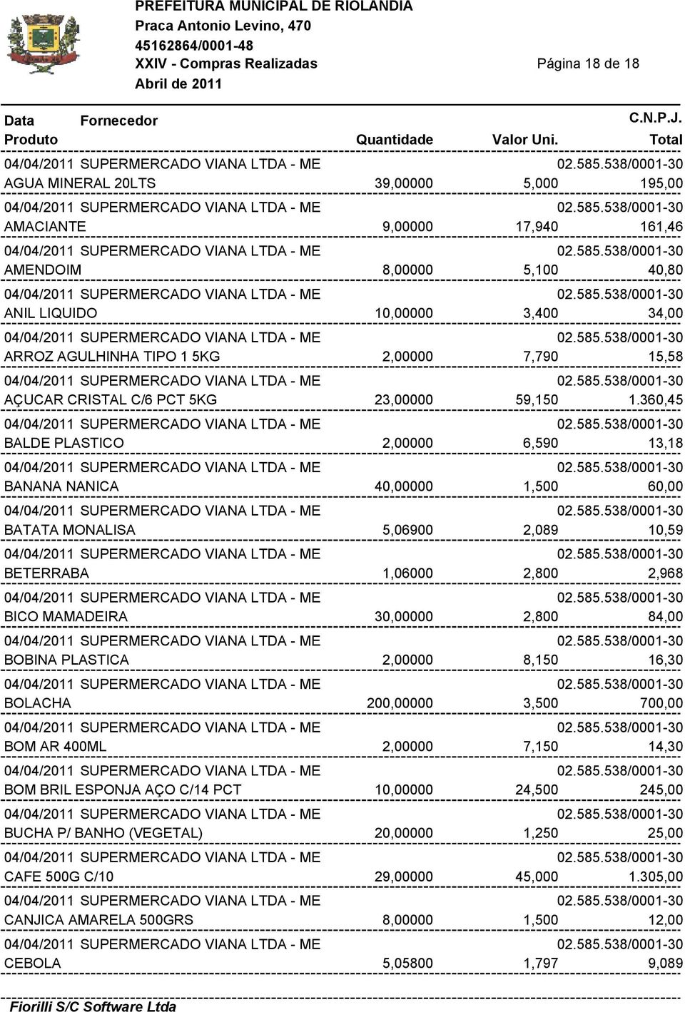 360,45 BALDE PLASTICO 2,00000 6,590 13,18 BANANA NANICA 40,00000 1,500 60,00 BATATA MONALISA 5,06900 2,089 10,59 BETERRABA 1,06000 2,800 2,968 BICO MAMADEIRA 30,00000 2,800 84,00