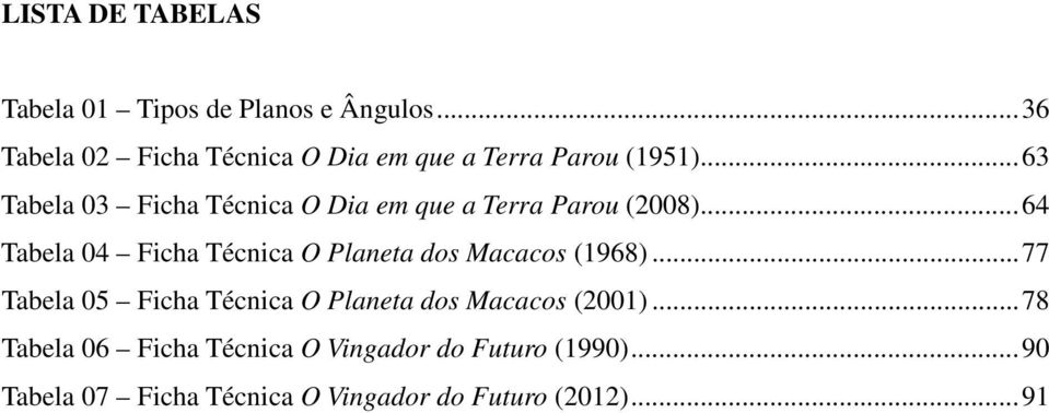 .. 63 Tabela 03 Ficha Técnica O Dia em que a Terra Parou (2008).