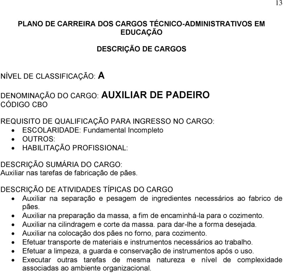 Auxiliar na preparação da massa, a fim de encaminhá-la para o cozimento. Auxiliar na cilindragem e corte da massa.