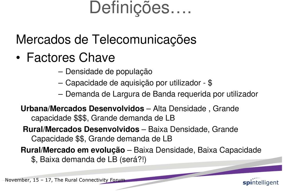 Demanda de Largura de Banda requerida por utilizador Urbana/Mercados Desenvolvidos Alta Densidade, Grande