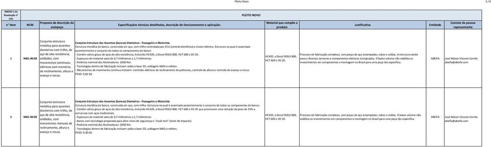 90 Conjunto estrutura Conjunto Estrutura dos Assentos (bancos) Dianteiros - Passageiro e Motorista metálica para assentos Estrutura metálica do banco, construída em aço, com trilho controlada por ECU