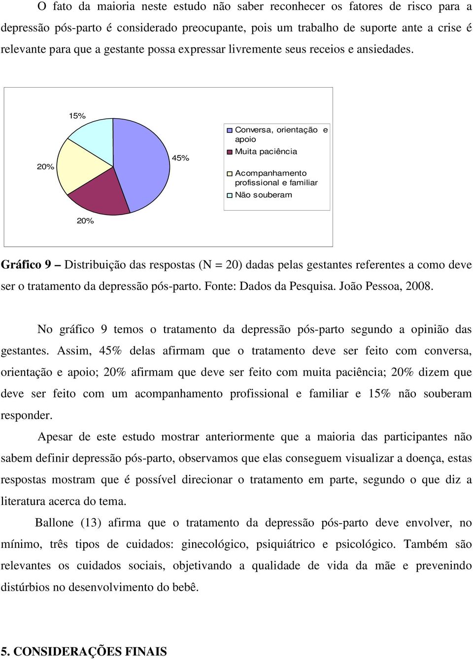 20% 1 4 Conversa, orientação e apoio Muita paciência Acompanhamento profissional e familiar Não souberam 20% Gráfico 9 Distribuição das respostas (N = 20) dadas pelas gestantes referentes a como deve