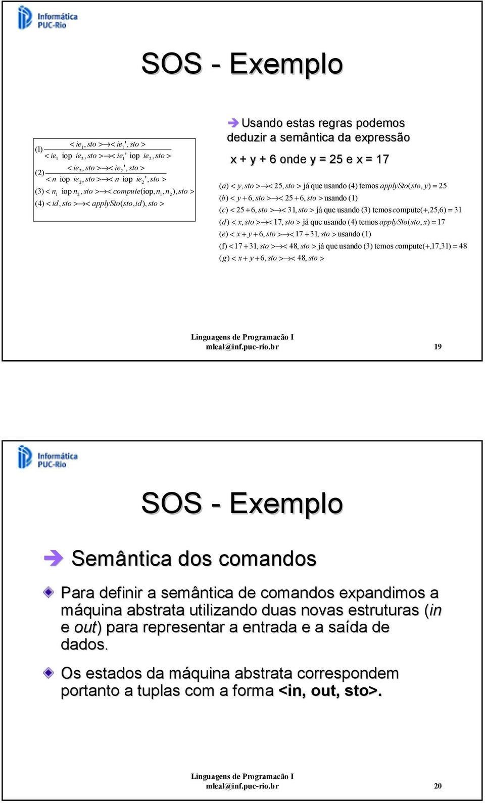 y) = 5 ( b) < y + 6, sto > < 5 + 6, sto > usando () ( c) < 5 + 6, sto > < 3, sto > já ( d) < x, sto > < 7, sto > já que usando (4) temos applysto( sto, x) = 7 ( e) < x + y + 6, sto > < 7 + 3, sto >