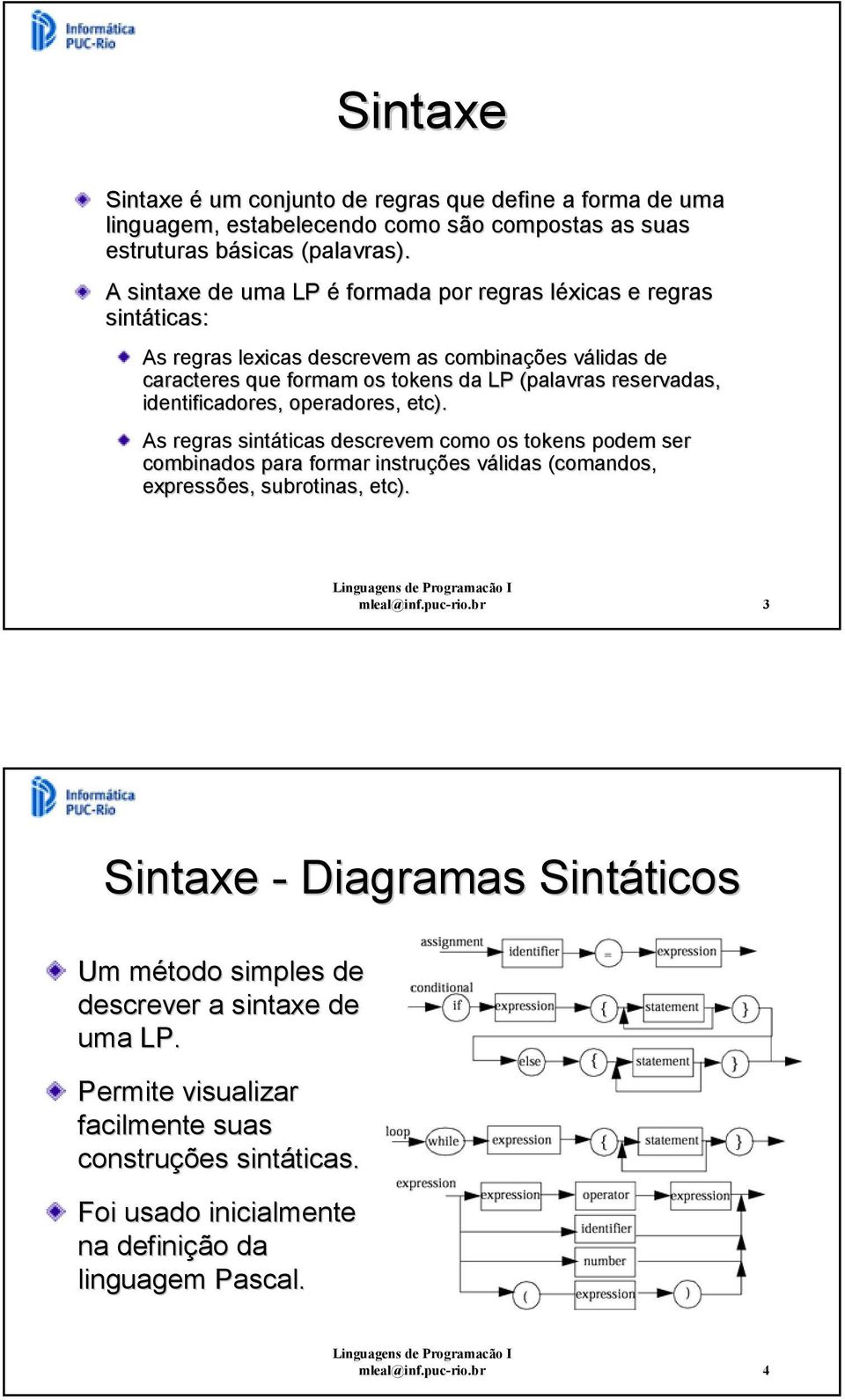 identificadores, operadores, etc). As regras sintáticas descrevem como os tokens podem ser combinados para formar instruções válidas (comandos, expressões, subrotinas, etc). mleal@inf.