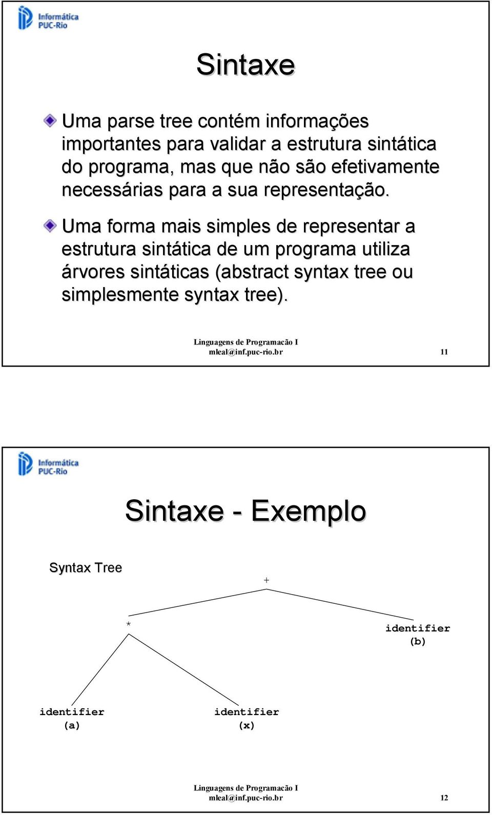 Uma forma mais simples de representar a estrutura sintática de um programa utiliza árvores sintáticas