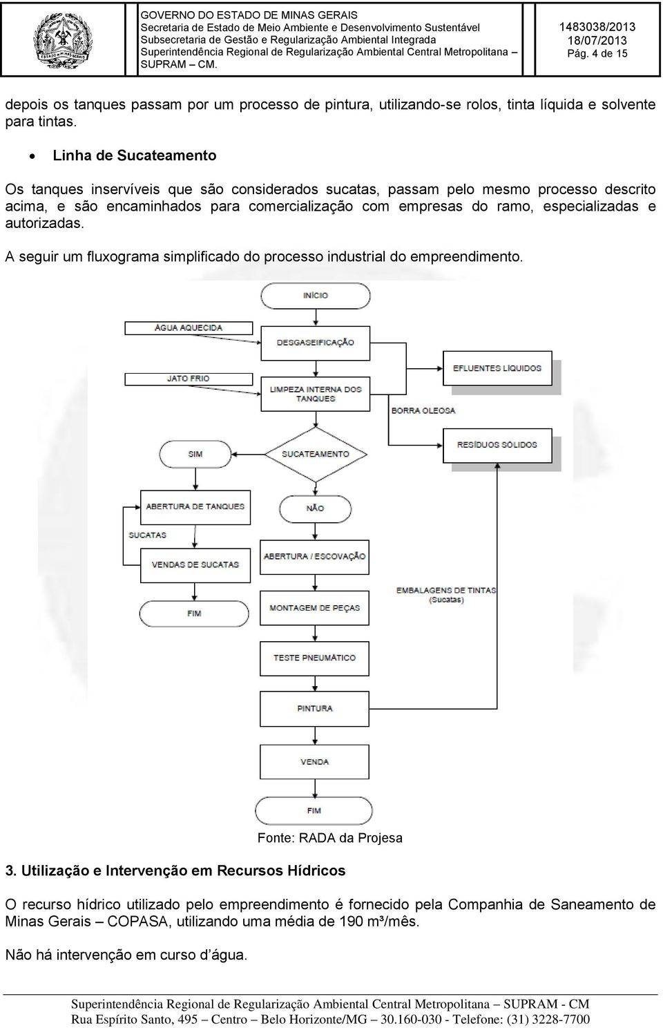 empresas do ramo, especializadas e autorizadas. A seguir um fluxograma simplificado do processo industrial do empreendimento. Fonte: RADA da Projesa 3.