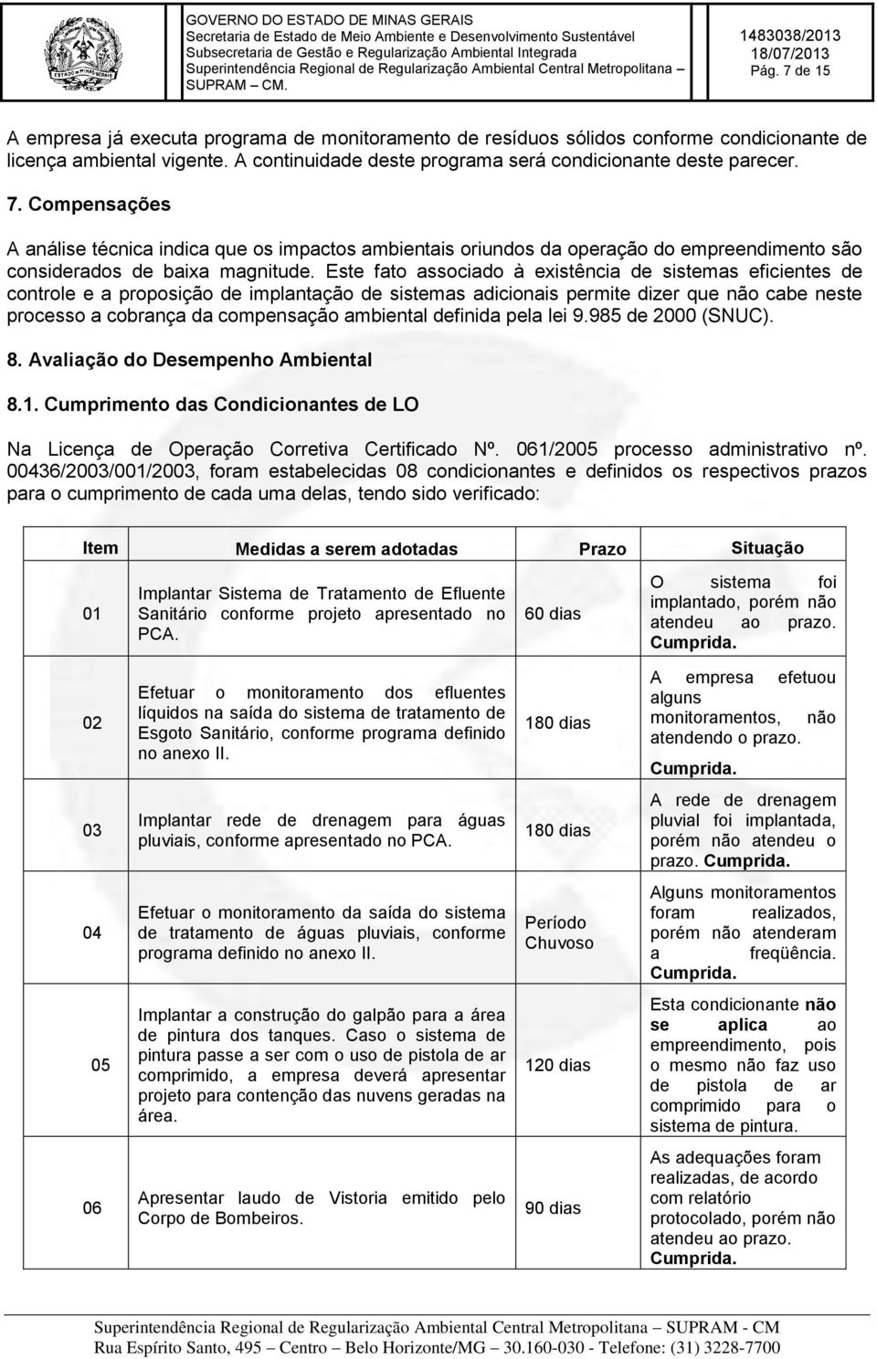 definida pela lei 9.985 de 2000 (SNUC). 8. Avaliação do Desempenho Ambiental 8.1. Cumprimento das Condicionantes de LO Na Licença de Operação Corretiva Certificado Nº.