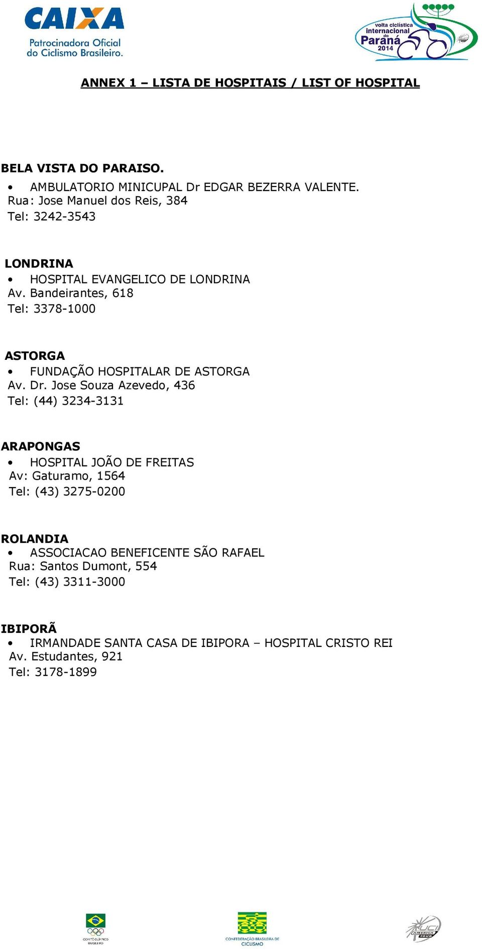 Bandeirantes, 618 Tel: 3378-1000 ASTORGA FUNDAÇÃO HOSPITALAR DE ASTORGA Av. Dr.