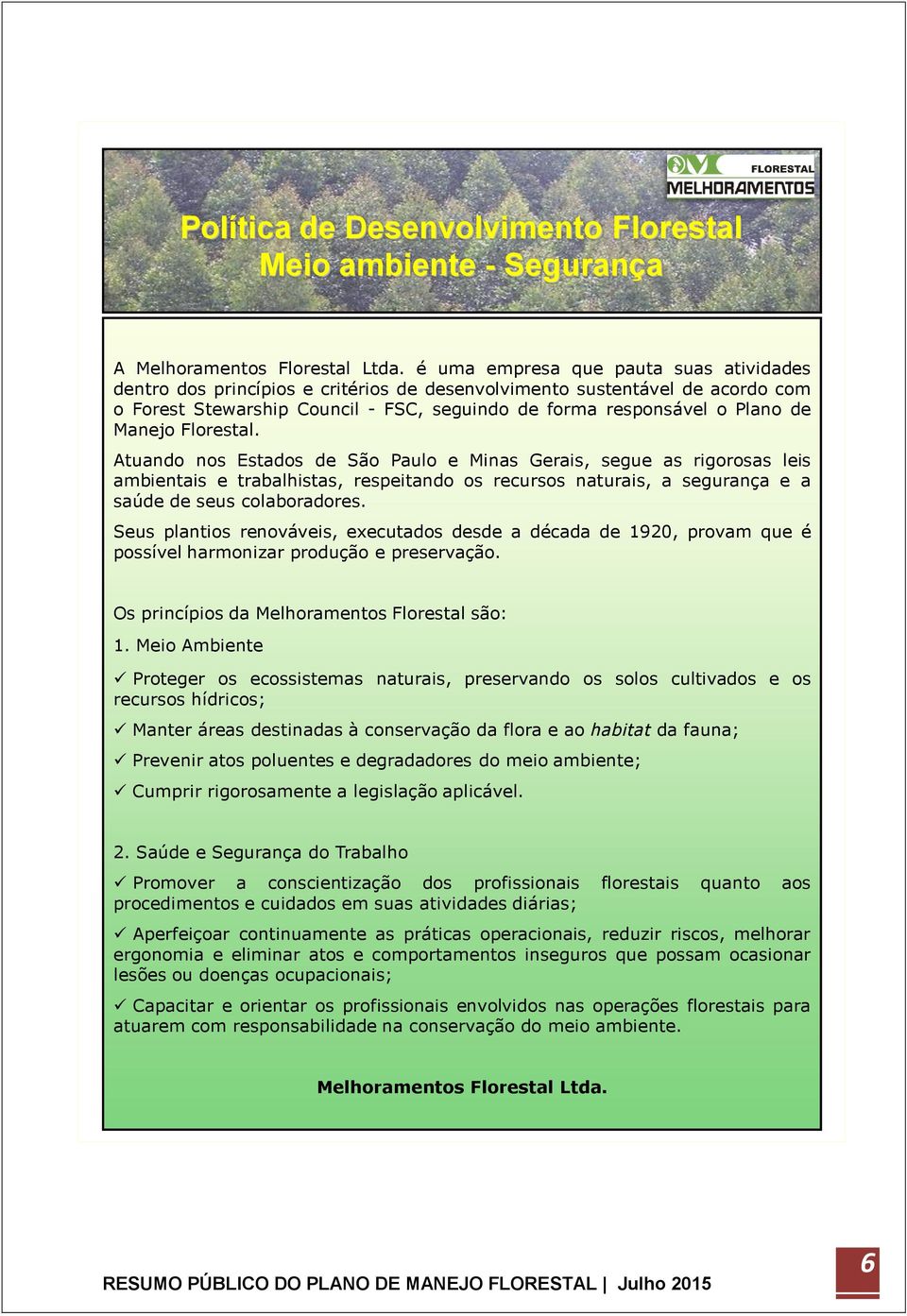 Manejo Florestal. Atuando nos Estados de São Paulo e Minas Gerais, segue as rigorosas leis ambientais e trabalhistas, respeitando os recursos naturais, a segurança e a saúde de seus colaboradores.