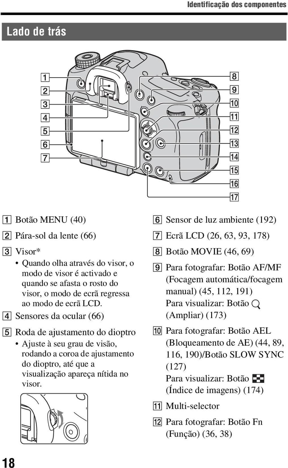 D Sensores da ocular (66) E Roda de ajustamento do dioptro Ajuste à seu grau de visão, rodando a coroa de ajustamento do dioptro, até que a visualização apareça nítida no visor.