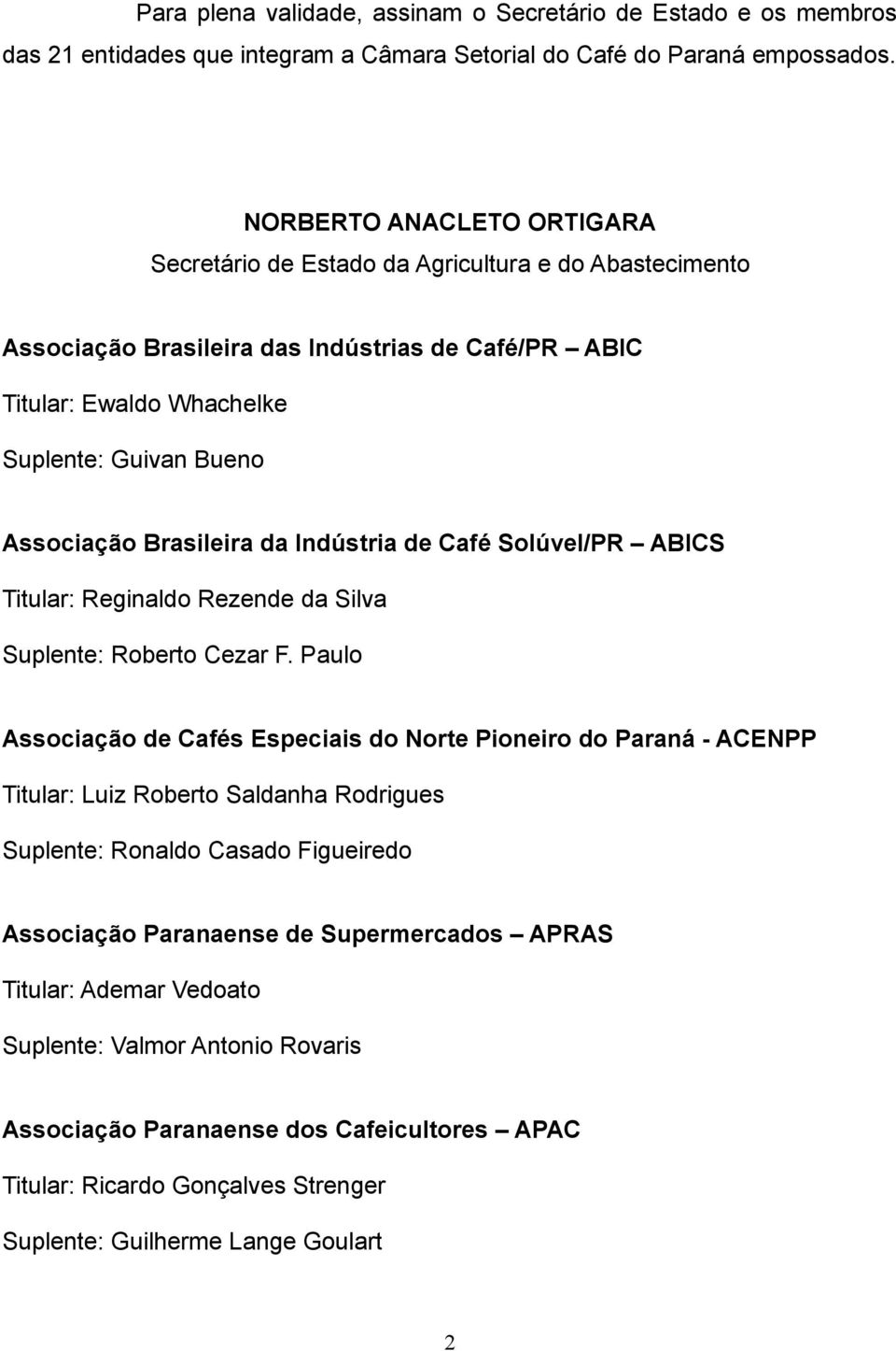 Brasileira da Indústria de Café Solúvel/PR ABICS Titular: Reginaldo Rezende da Silva Suplente: Roberto Cezar F.