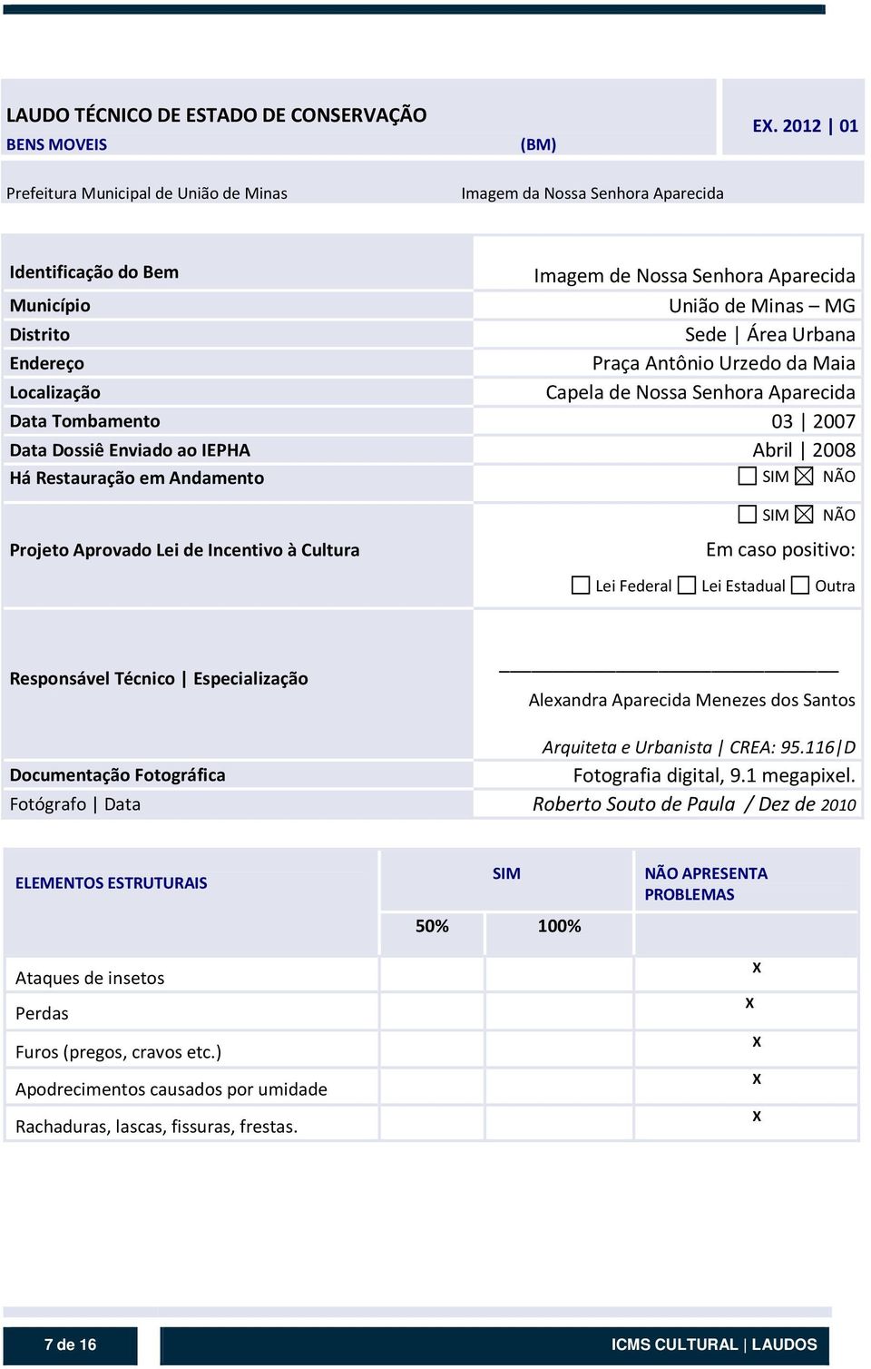 Aparecida Data Tombamento 03 2007 Data Dossiê Enviado ao IEPHA Abril 2008 Há Restauração em Andamento SIM NÃO Projeto Aprovado Lei de Incentivo à Cultura SIM NÃO Em caso positivo: Lei Federal Lei