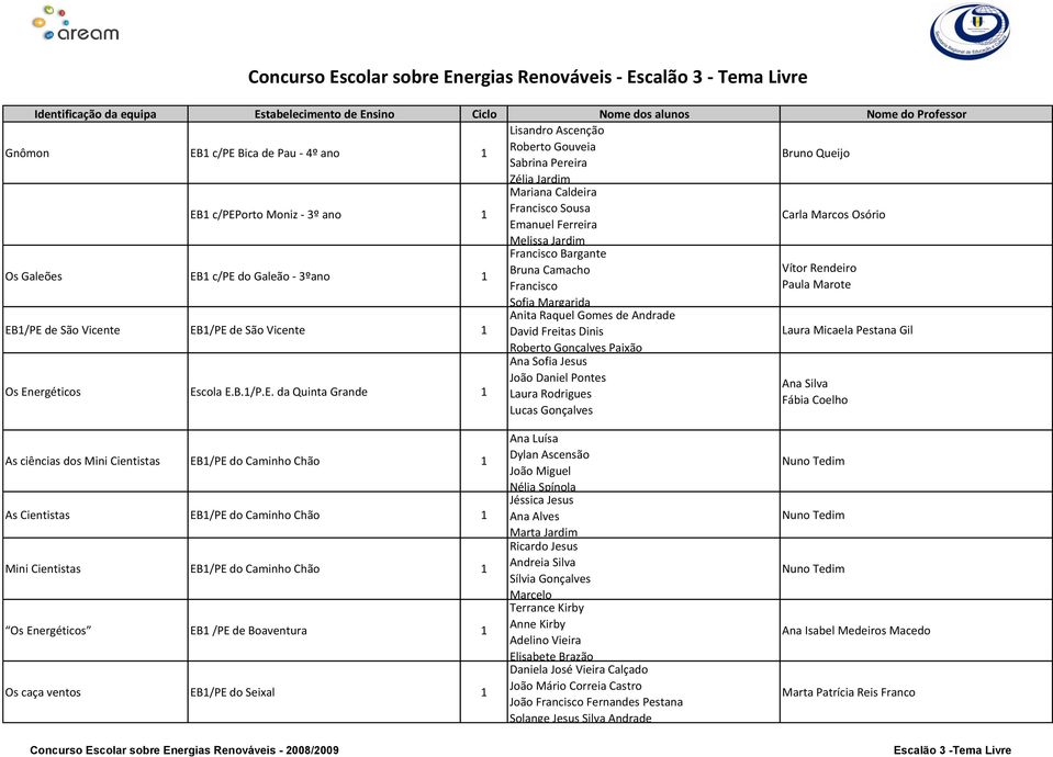 Vítor Rendeiro Francisco Paula Marote Sofia Margarida Anita Raquel Gomes de Andrade EB1/PE de São Vicente EB1/PE de São Vicente 1 David Freitas Dinis Laura Micaela Pestana Gil Os Energéticos Escola E.