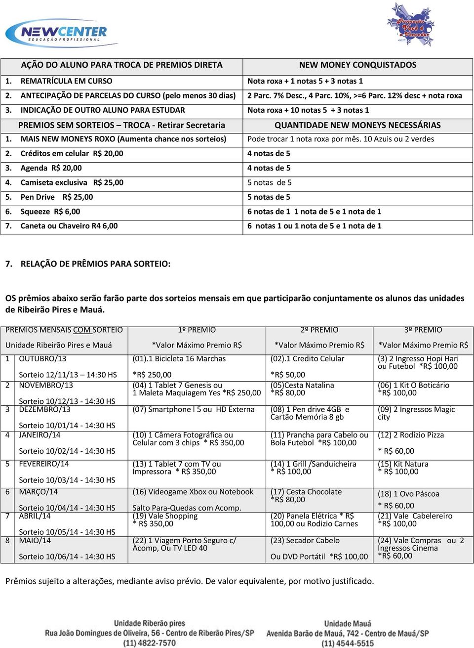 INDICAÇÃO DE OUTRO ALUNO PARA ESTUDAR Nota roxa + 10 notas 5 + 3 notas 1 PREMIOS SEM SORTEIOS TROCA - Retirar Secretaria QUANTIDADE NEW MONEYS NECESSÁRIAS 1.