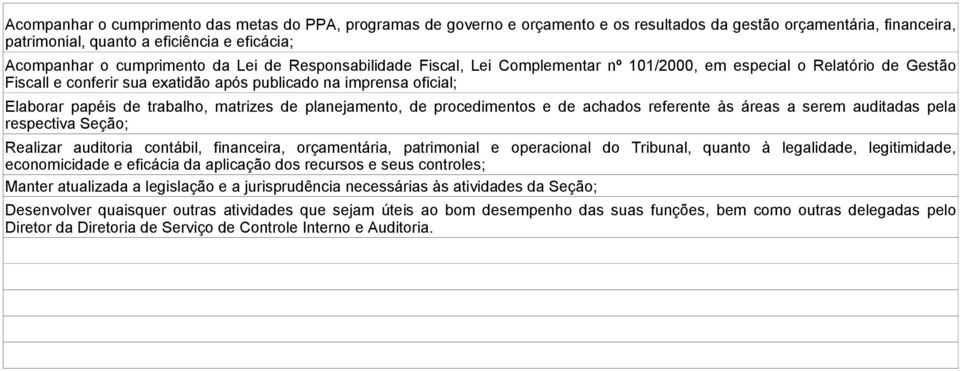 matrizes de planejamento, de procedimentos e de achados referente às áreas a serem auditadas pela respectiva Seção; Realizar auditoria contábil, financeira, orçamentária, patrimonial e operacional do