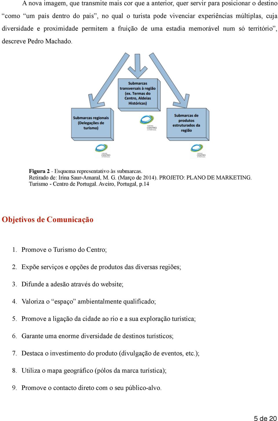 (Março de 2014). PROJETO: PLANO DE MARKETING. Turismo - Centro de Portugal. Aveiro, Portugal, p.14 Objetivos de Comunicação 1. Promove o Turismo do Centro; 2.