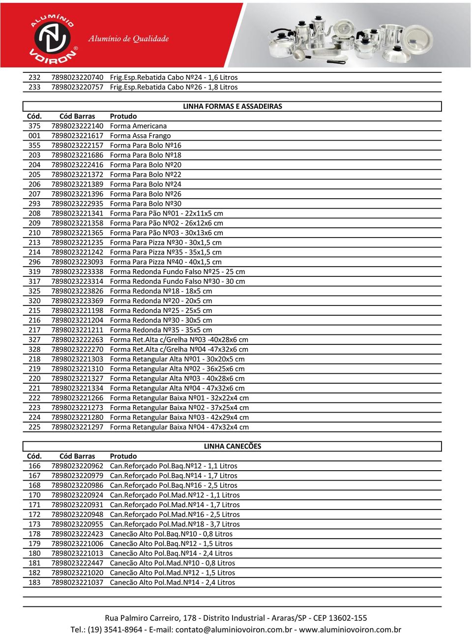 Rebatida Cabo Nº26-1,8 Litros LINHA FORMAS E ASSADEIRAS 375 7898023222140 Forma Americana 001 7898023221617 Forma Assa Frango 355 7898023222157 Forma Para Bolo Nº16 203 7898023221686 Forma Para Bolo