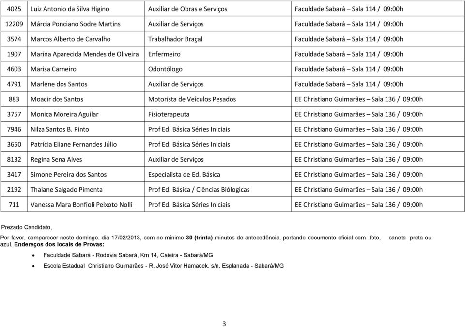 Faculdade Sabará Sala 114 / 09:00h 4791 Marlene dos Santos Auxiliar de Serviços Faculdade Sabará Sala 114 / 09:00h 883 Moacir dos Santos Motorista de Veículos Pesados EE Christiano Guimarães Sala 136