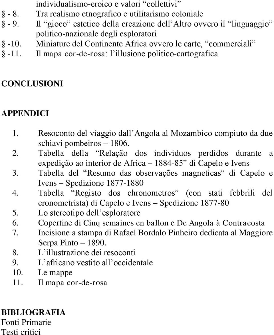 Il mapa cor-de-rosa: l illusione politico-cartografica CONCLUSIONI APPENDICI 1. Resoconto del viaggio dall Angola al Mozambico compiuto da due schiavi pombeiros 1806. 2.