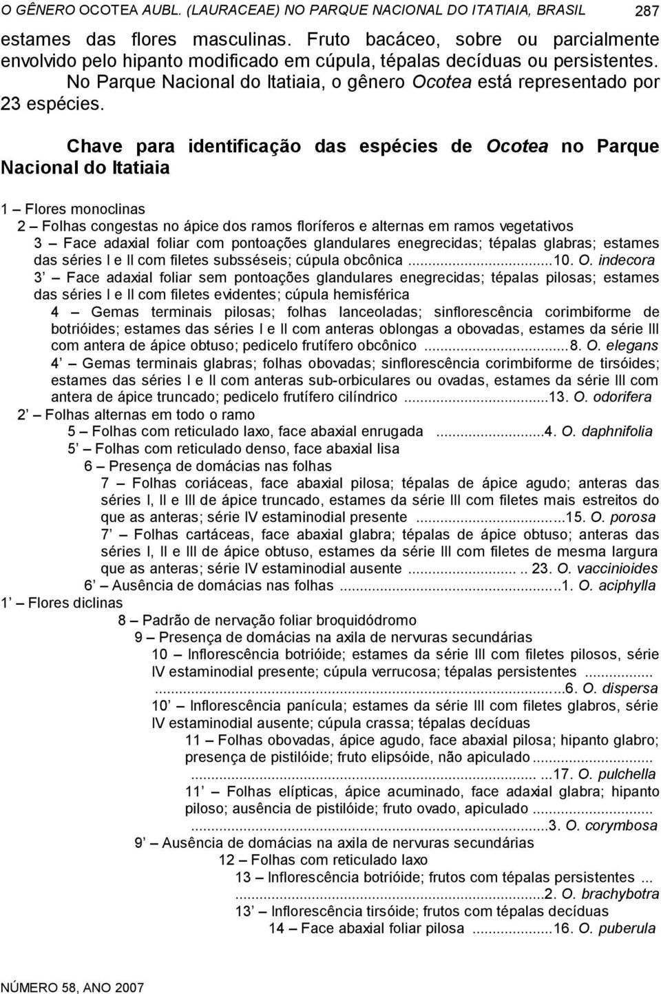 Chave para identificação das espécies de Ocotea no Parque Nacional do Itatiaia 1 Flores monoclinas 2 Folhas congestas no ápice dos ramos floríferos e alternas em ramos vegetativos 3 Face adaxial