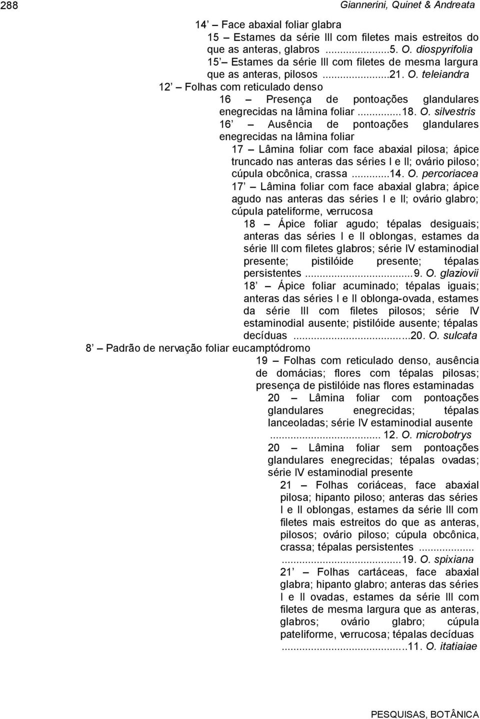 teleiandra 12 Folhas com reticulado denso 16 Presença de pontoações glandulares enegrecidas na lâmina foliar...18. O.