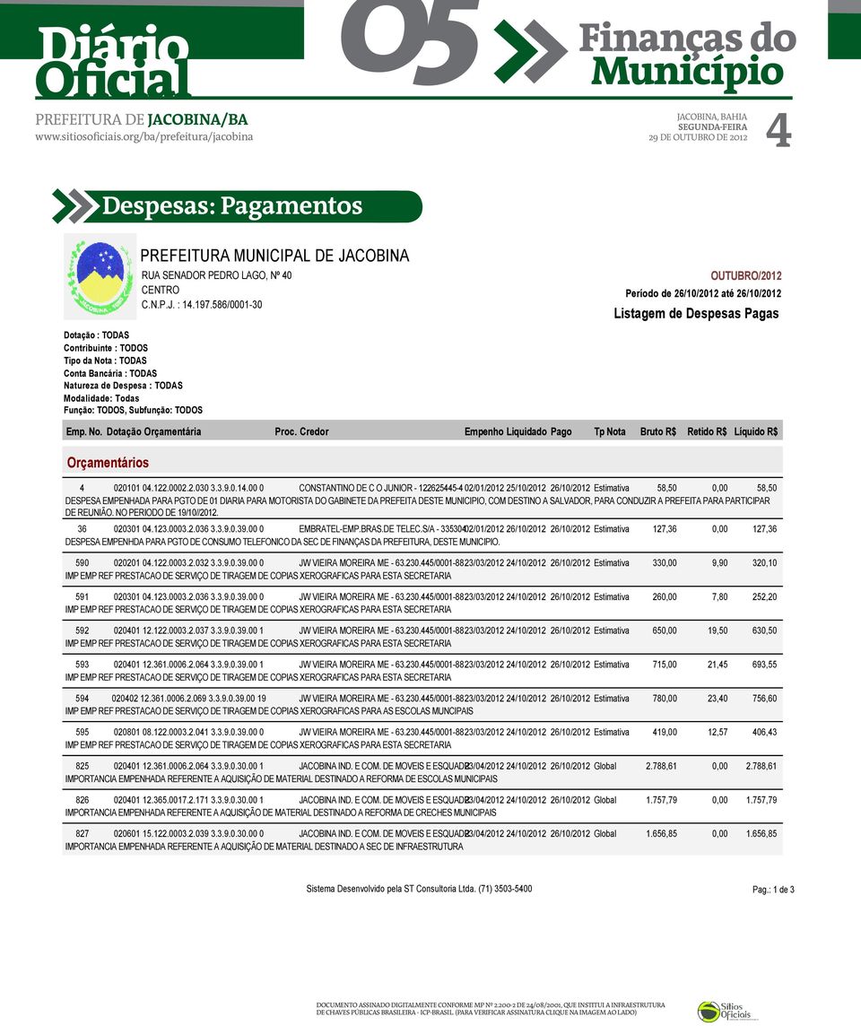 00 0 CONSTANTINO DE C O JUNIOR - 122625445-4 02/01/2012 25/10/2012 26/10/2012 Estimativa 58,50 0,00 58,50 DESPESA EMPENHADA PARA PGTO DE 01 DIARIA PARA MOTORISTA DO GABINETE DA PREFEITA DESTE