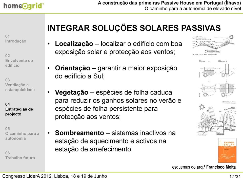 os ganhos solares no verão e espécies de folha persistente para protecção aos ventos; Sombreamento