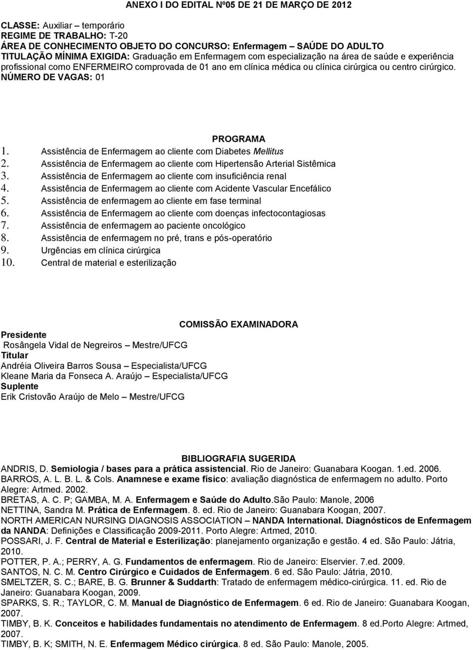 NÚMERO DE VAGAS: 01 PROGRAMA 1. Assistência de Enfermagem ao cliente com Diabetes Mellitus 2. Assistência de Enfermagem ao cliente com Hipertensão Arterial Sistêmica 3.